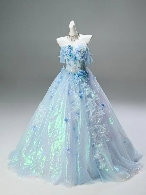 High-end Sky Blue Beading Sequins Appliques Prom Dresses 2025 Ball Gown Off-The-Shoulder Short Sleeve Backless Floor-Length / Long Formal Dresses