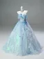 High-end Sky Blue Beading Sequins Appliques Prom Dresses 2025 Ball Gown Off-The-Shoulder Short Sleeve Backless Floor-Length / Long Formal Dresses