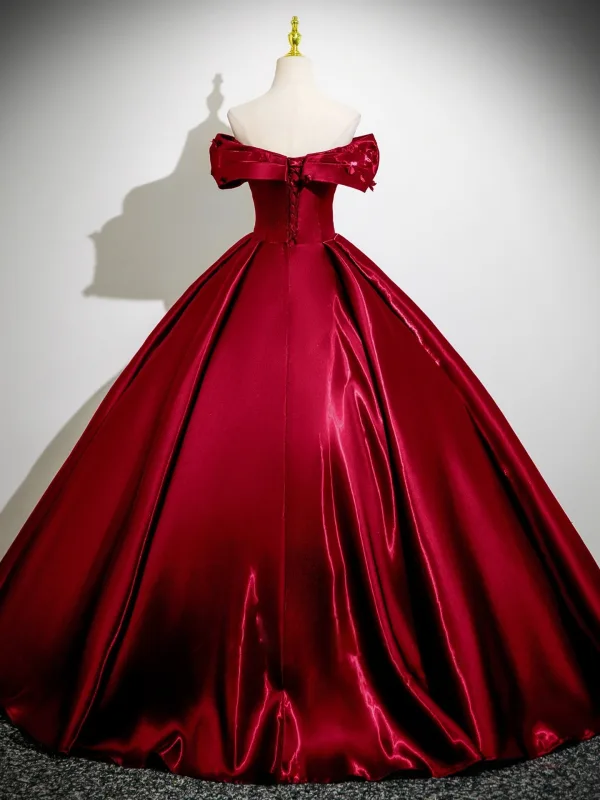 Vintage / Retro Burgundy Appliques Prom Dresses 2025 Ball Gown Off-The-Shoulder Short Sleeve Backless Floor-Length / Long Formal Dresses