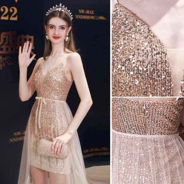 Sexy Doré Paillettes Courte Robe De Fête 2023 Bretelles Spaghetti Sans Manches Dos Nu Cocktail Soirée Robe De Ceremonie