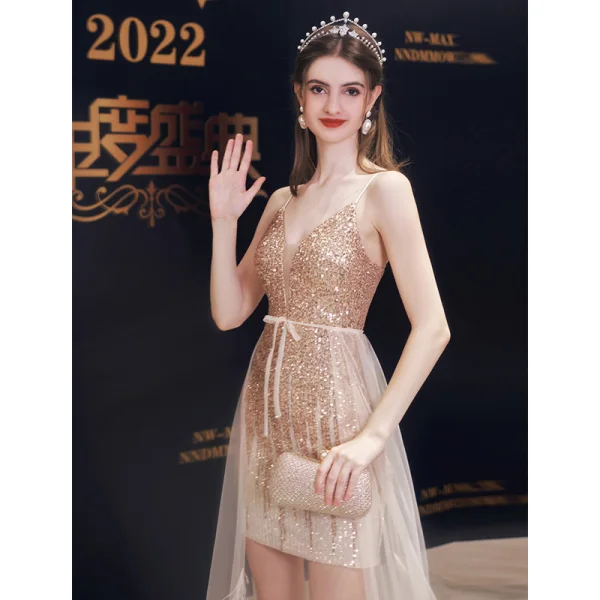 Sexy Gold Sequins Short Party Dresses 2023 Spaghetti Straps Sleeveless Backless Cocktail