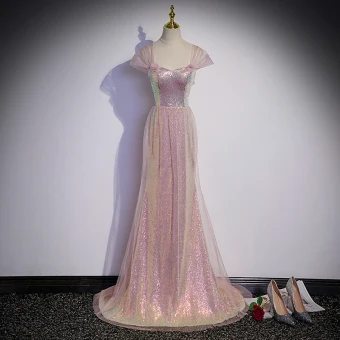 Sexy Rougissant Rose Paillettes Robe De Soirée 2022 Trompette Sirène Encolure Carrée Manches Courtes Dos Nu Train De Balayage Soirée Robe De Ceremonie
