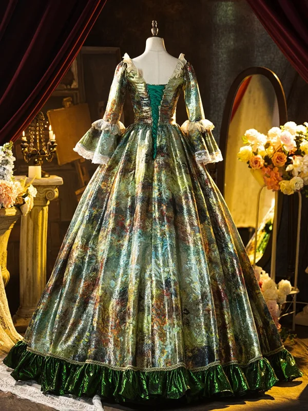 Vintage / Retro Medieval Green Glitter Bow Cosplay Lolita Prom Dresses 2024 Ball Gown Square Neckline Bell sleeves Backless Floor-Length / Long Formal Dresses