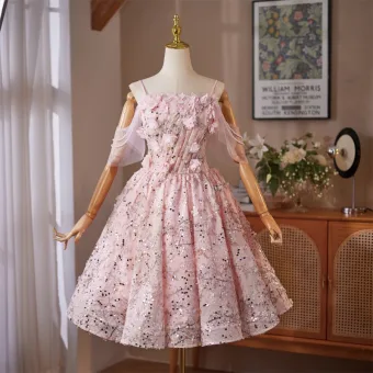 Chic Belle Rougissant Rose Appliques Perlage Paillettes De Retour Robe De Graduation 2025 Robe Boule Bretelles Spaghetti Sans Manches Dos Nu Courte Robe De Ceremonie
