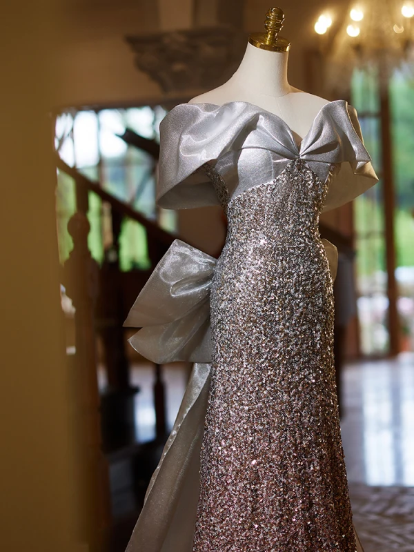Fashion Sparkly Gradient-Color Beading Sequins Evening Dresses 2024 Trumpet / Mermaid Off-The-Shoulder Short Sleeve Backless Bow Floor-Length / Long Evening Party Formal Dresses