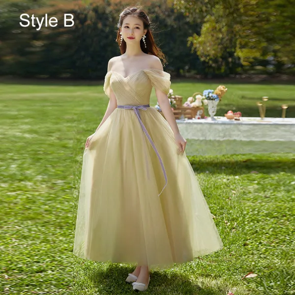 Simple Vert Cendré Robe Demoiselle D'honneur 2022 Princesse Demoiselle D'honneur De l'épaule Manches Courtes Dos Nu Noeud Ceinture Longue Robe Pour Mariage