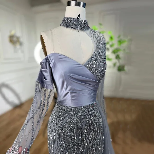 High End Blau Handgefertigt Perlenstickerei Pailletten Gespaltete Front Abendkleider 2024 Meerjungfrau Stehkragen Lange Ärmel Rückenfreies Lange Abend Festliche Kleider