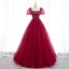 Elegant Burgundy Beading Pearl Prom Dresses 2022 Ball Gown Square Neckline Short Sleeve Backless Bow Floor-Length / Long Prom Formal Dresses