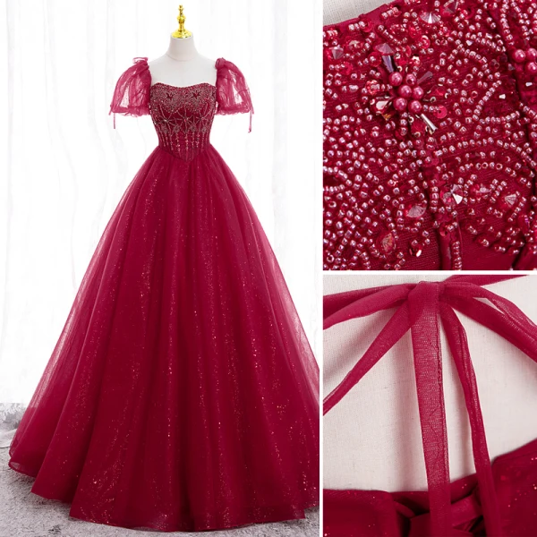 Elegant Burgundy Beading Pearl Prom Dresses 2022 Ball Gown Square Neckline Short Sleeve Backless Bow Floor-Length / Long Prom Formal Dresses