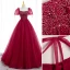Elegant Burgundy Beading Pearl Prom Dresses 2022 Ball Gown Square Neckline Short Sleeve Backless Bow Floor-Length / Long Prom Formal Dresses