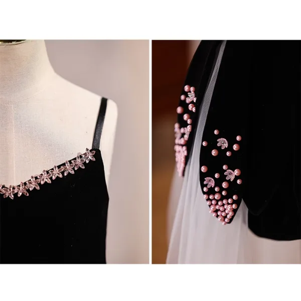 Chic / Beautiful Black Pearl Asymmetrical Flower Girl Dresses 2025 Birthday A-Line / Princess Spaghetti Straps Sleeveless Backless