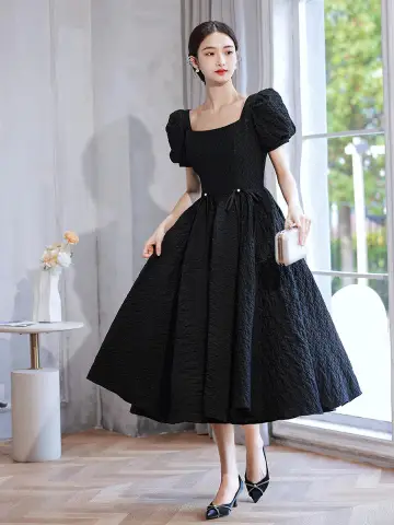 Styl Audrey Hepburn Czarne Sukienki Na Bal 2022 Princessa Kwadratowy Dekolt Bufiasta Kótkie Rękawy Bez Pleców Długość Herbaty Bal Sukienki Wizytowe
