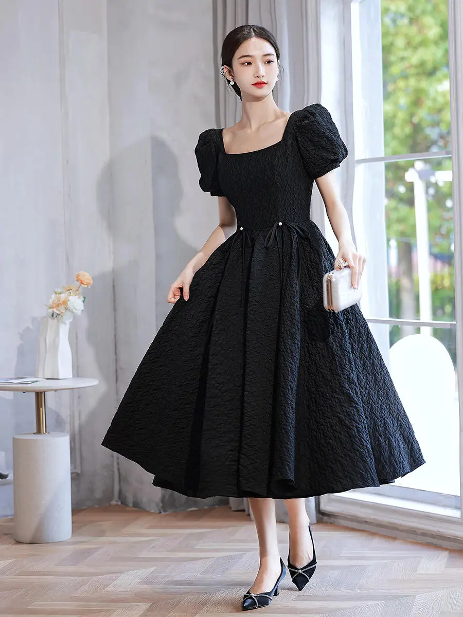 navy blue dress for baby girl Audrey Hepburn Style Black Prom Dresses 2022 A-Line Princess Square Neckline Puffy Short