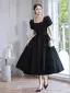 Audrey Hepburn-Stil Schwarz Ballkleider 2022 A Linie Eckiger Ausschnitt Geschwollenes Kurze Ärmel Rückenfreies Wadenlang Ball Festliche Kleider