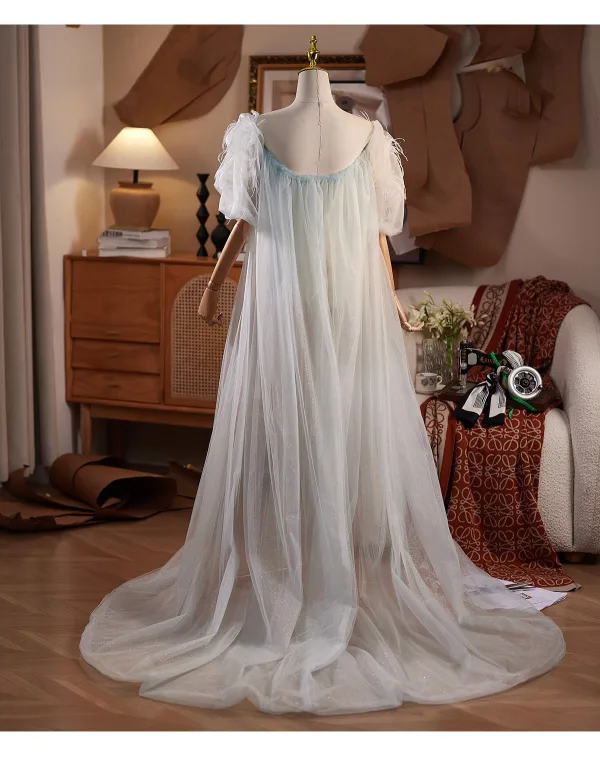 Elegant Hvit Håndlaget Dusk Bryllup sjal 2025 Korte Ermer Tyll