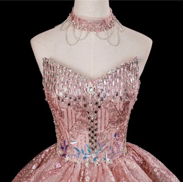 Glitzernden Sexy Pink Perlenstickerei Strass Pailletten Abendkleider 2025 A Linie Off Shoulder Kurze Ärmel Rückenfreies Lange Festliche Kleider