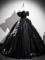 Vintage / Retro Black Flower Satin Prom Dresses 2025 Ball Gown Off-The-Shoulder Short Sleeve Backless Floor-Length / Long Formal Dresses