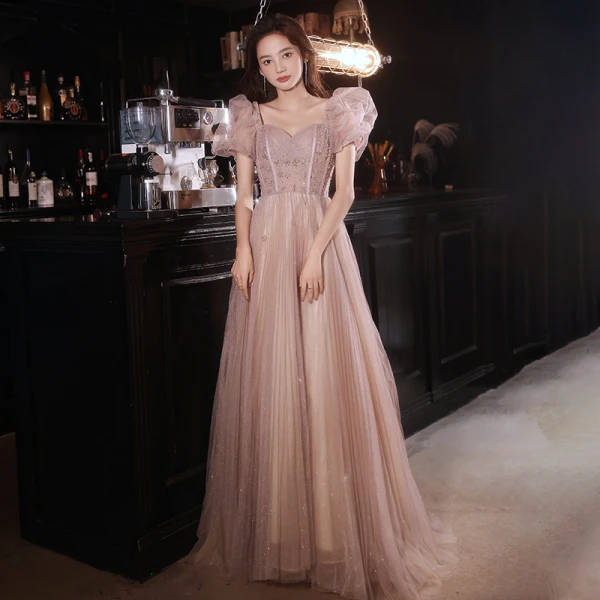 Charmant Rougissant Rose Robe De Bal 2022 Princesse Encolure Carrée Gonflée Manches Courtes Perlage Paillettes Dos Nu Longue Promo Robe De Ceremonie