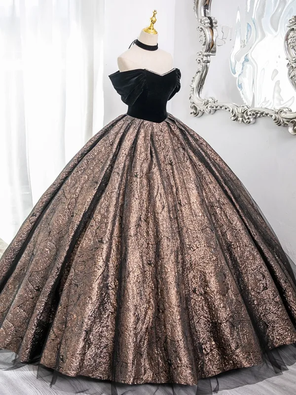 Vintage / Retro Black Glitter Prom Dresses 2024 Ball Gown Off-The-Shoulder Sleeveless Backless Floor-Length / Long Prom Formal Dresses