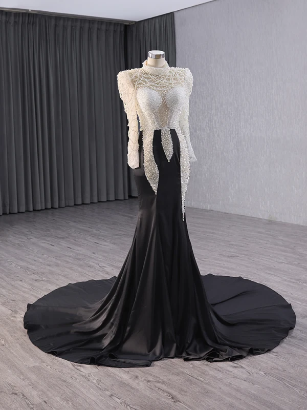 Haut de Gamme Deux tons Blanche Noire Fait main Perlage Perle Paillettes Robe De Soirée 2024 Trompette / Sirène Col Haut Manches Longues Tribunal Train Soirée