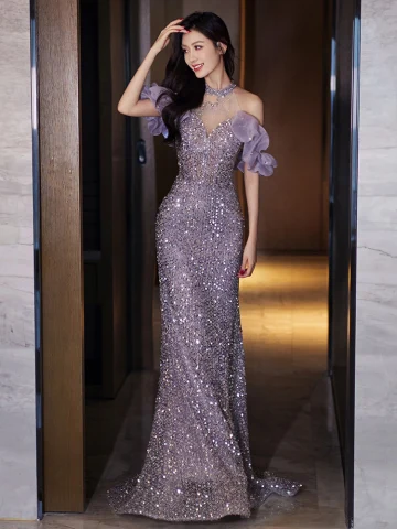 Sparkly Lavender Beading Sequins Evening Dresses 2024 Trumpet Mermaid Halter Short Sleeve Backless Floor Length Long Evening Party Formal Dresses