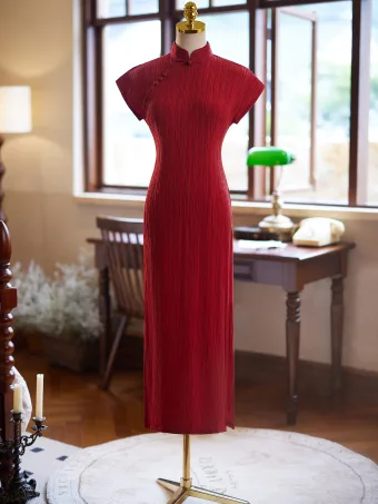 Vintage Retro Chinese Style Red Summer Tea Length Cheongsam 2024 Trumpet Mermaid High Neck Short Sleeve