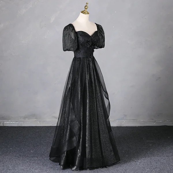 Elegant Black Appliques Glitter Prom Dresses 2024 A-Line / Princess Square Neckline Puffy Short Sleeve Backless Floor-Length / Long Prom Formal Dresses