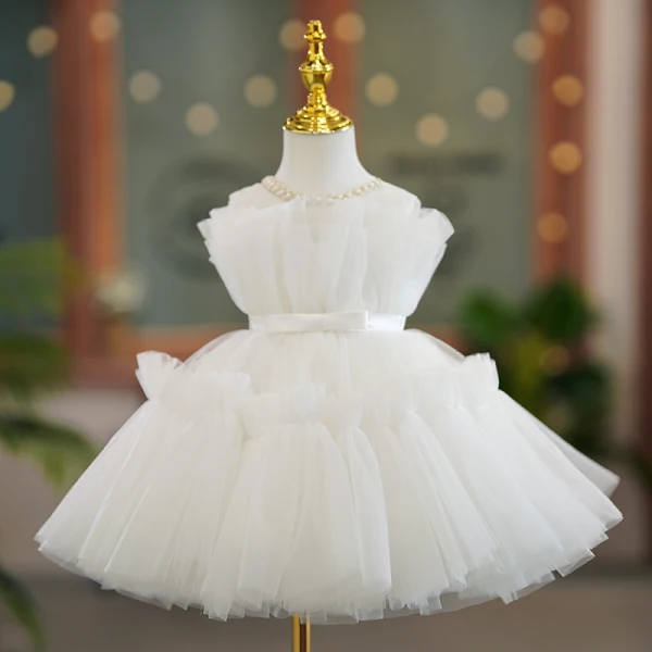 Schöne Rosa Rüschen Geburtstag Kurze Blumenmädchenkleider 2023 Ballkleid Rundhalsausschnitt Ärmellos Schleife Stoffgürtel