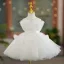 Modest / Simple Blushing Pink Ruffle Short Birthday Flower Girl Dresses 2024 Ball Gown Scoop Neck Sleeveless Backless Bow Sash Tulle