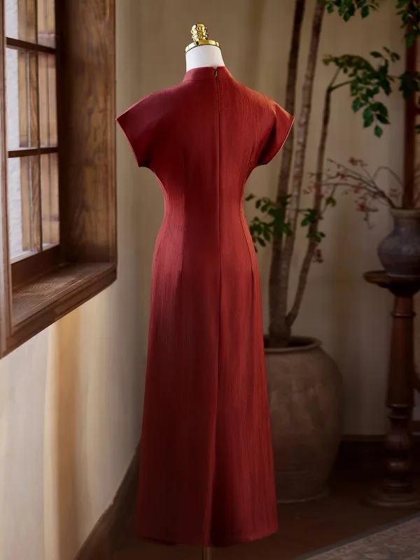 Vintage / Retro Burgundy Evening Party Cheongsam 2025 A-Line / Princess High Neck Short Sleeve Floor-Length / Long