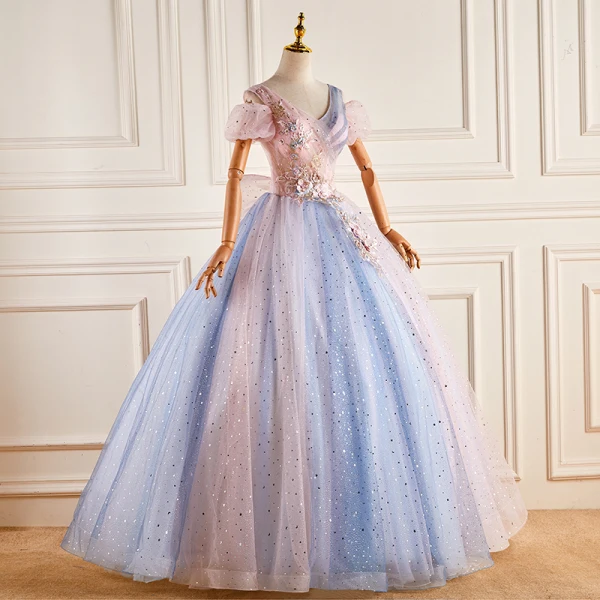 Chic / Beautiful Gradient-Color Pearl Sequins Lace Flower Prom Dresses 2022 Ball Gown V-Neck Short Sleeve Backless Bow Floor-Length / Long Prom Formal Dresses