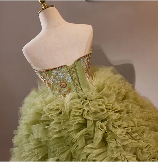 Chic / Beautiful Sage Green Beading Sequins Pleated Prom Dresses 2024 Ball Gown Strapless Sleeveless Backless Sweep Train Prom Formal Dresses