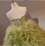 Schöne Salbeigrün Perlenstickerei Pailletten Plissee Ballkleider 2024 Ballkleid Bandeau Ärmellos Rückenfreies Sweep / Pinsel Zug Ball Festliche Kleider