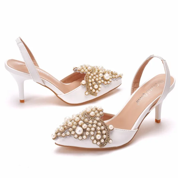 Chic / Beautiful White Pearl Rhinestone Prom Womens Shoes 2022 Pointed Toe 7 cm Stiletto Heels High Heels