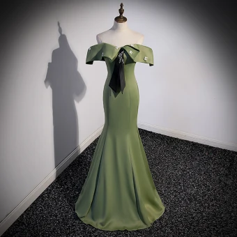 Simple Vert Trèfle Robe De Soirée 2022 Trompette Sirène De L Épaule Perle Manches Courtes Dos Nu Longue Soirée Robe De Ceremonie