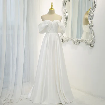 Élégant Blanche Satin Robe De Bal 2022 Princesse De L Épaule Manches Courtes Dos Nu Longue Promo Robe De Ceremonie
