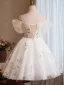Chic / Beautiful Champagne Appliques Short Homecoming Graduation Dresses 2025 Ball Gown Off-The-Shoulder Short Sleeve Backless Tulle