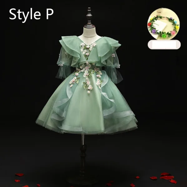 Flower Fairy Sage Green Appliques Lace Flower Birthday Flower Girl Dresses 2024 Ball Gown V-Neck Bell sleeves Court Train Flower Girl Dresses