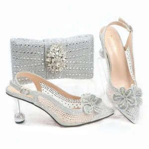 Charmant Zilveren Rhinestone Bloem Avond Sandalen Dames Handtassen 2023 7 Cm Naaldhakken Stiletto Spitse Neus Sandalen Dames Hoge Hakken Handtassen