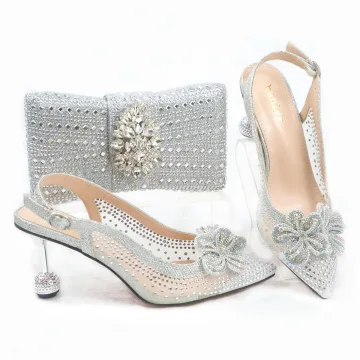 Charming Silver Rhinestone Flower Evening Party Womens Sandals Clutch Bags 2023 7 Cm Stiletto Heels Pointed Toe Womens Sandals High Heels Clutch Bags