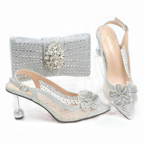 Charmant Silber Strass Blumen Abend Sandalen Damen Clutch Tasche 2023 7 cm Stilettos Spitzschuh Sandalen Damen Hochhackige Clutch Tasche