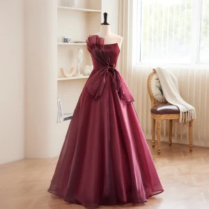 Charming Burgundy Strapless Bow Prom Dresses 2023 A Line Princess Sleeveless Backless Floor Length Long Prom Formal Dresses