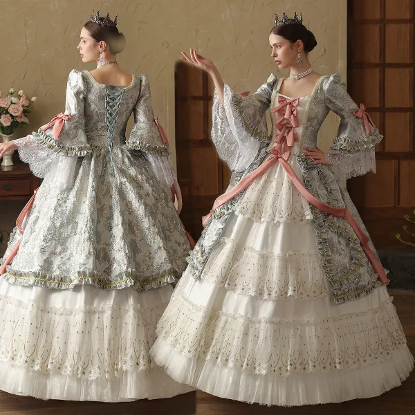 Vintage / Retro Medieval Gothic White Bow Lace Flower Prom Dresses 2024 Ball Gown Square Neckline Bell sleeves Floor-Length / Long Prom Formal Dresses