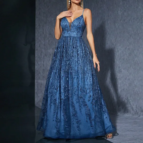 Fashion Ocean Blue Lace Flower Prom Dresses 2025 A-Line / Princess Spaghetti Straps Sleeveless Backless Floor-Length / Long Prom Formal Dresses