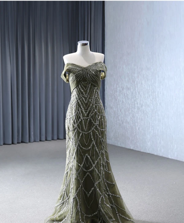 High-end Burgundy Handmade  Beading Evening Dresses 2024 Trumpet / Mermaid Off-The-Shoulder Short Sleeve Backless Court Train Evening Party Formal Dresses