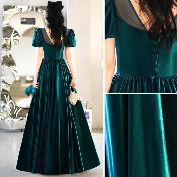 Vintage / Retro Dark Green Prom Dresses 2022 A-Line / Princess Scoop Neck Short Sleeve Backless Floor-Length / Long Prom Formal Dresses