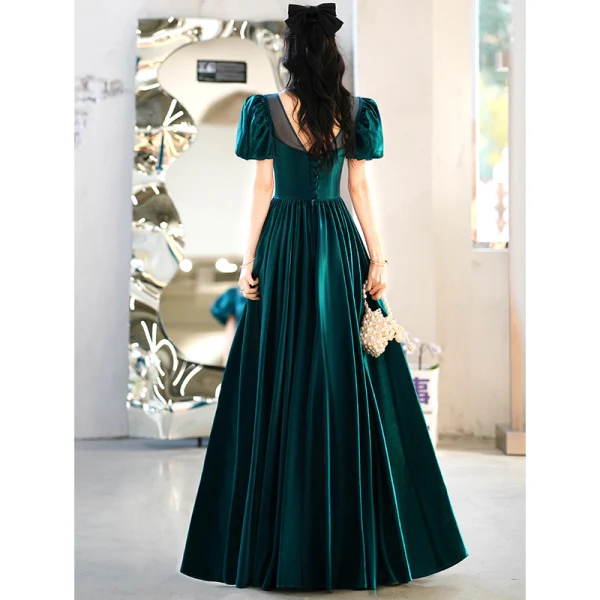 Vintage / Retro Dark Green Prom Dresses 2022 A-Line / Princess Scoop Neck Short Sleeve Backless Floor-Length / Long Prom Formal Dresses