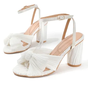 Sexig Vita Sommar Gatukläder Sandaler Dam 2023 Ankelband Rosett 8 Cm Tjocka Klackar Peep Toe Sandaler Högklackade