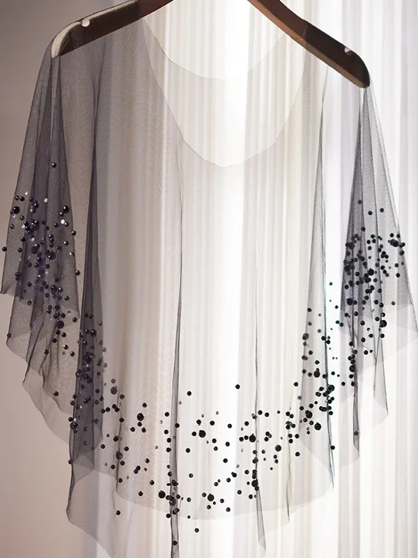 Modest / Simple Black Rhinestone Tulle shawl 2025