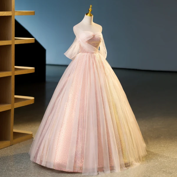 Charmant Rosa Pailletten Ballkleider 2023 Ballkleid Bandeau Ärmellos Rückenfreies Lange Ball Festliche Kleider